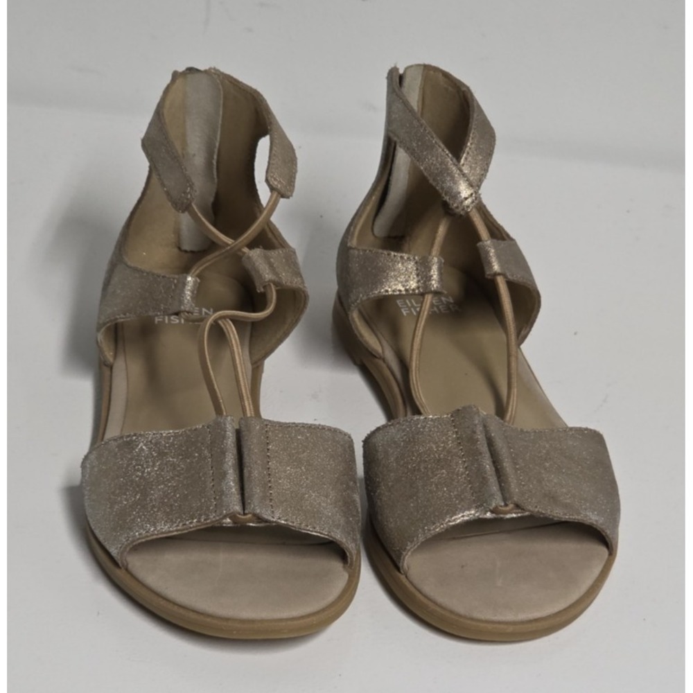 Eileen Fisher Womens Size 7.5 Metallic Brown Leather Ankle Strap Flat Sandals